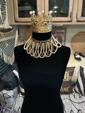 Elegant Vintage Gold Chain & Pearl Statement Choker Necklace 18”
